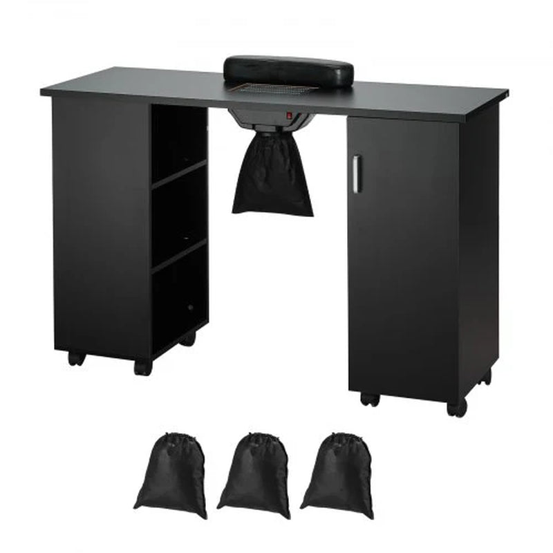 VEVOR Manicure Table, Nail Table Station with Electric Dust Collector, Moveable Nail Tech Desk with 8 Wheels (4 Lockable), 3 Dust Bag & Wrist Rest, MDF Nail Art Workstation for Spa Beauty Salon, Black