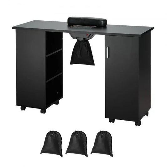 VEVOR Manicure Table, Nail Table Station with Electric Dust Collector, Moveable Nail Tech Desk with 8 Wheels (4 Lockable), 3 Dust Bag & Wrist Rest, MDF Nail Art Workstation for Spa Beauty Salon, Black