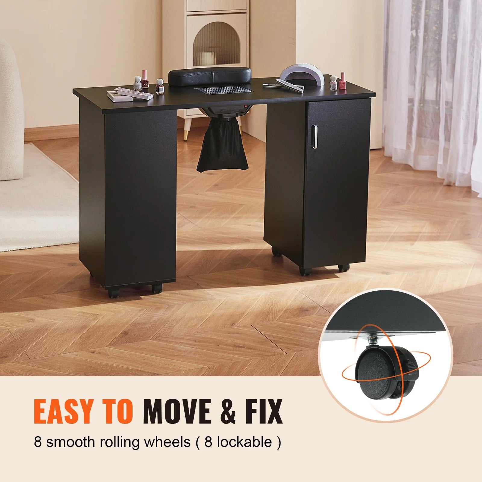 VEVOR Manicure Table, Nail Table Station with Electric Dust Collector, Moveable Nail Tech Desk with 8 Wheels (4 Lockable), 3 Dust Bag & Wrist Rest, MDF Nail Art Workstation for Spa Beauty Salon, Black